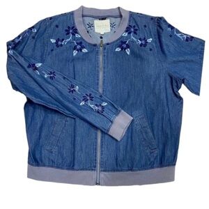 Copper Key Denim Embroidered Bomber Jacket​​ NWT! Size Small​